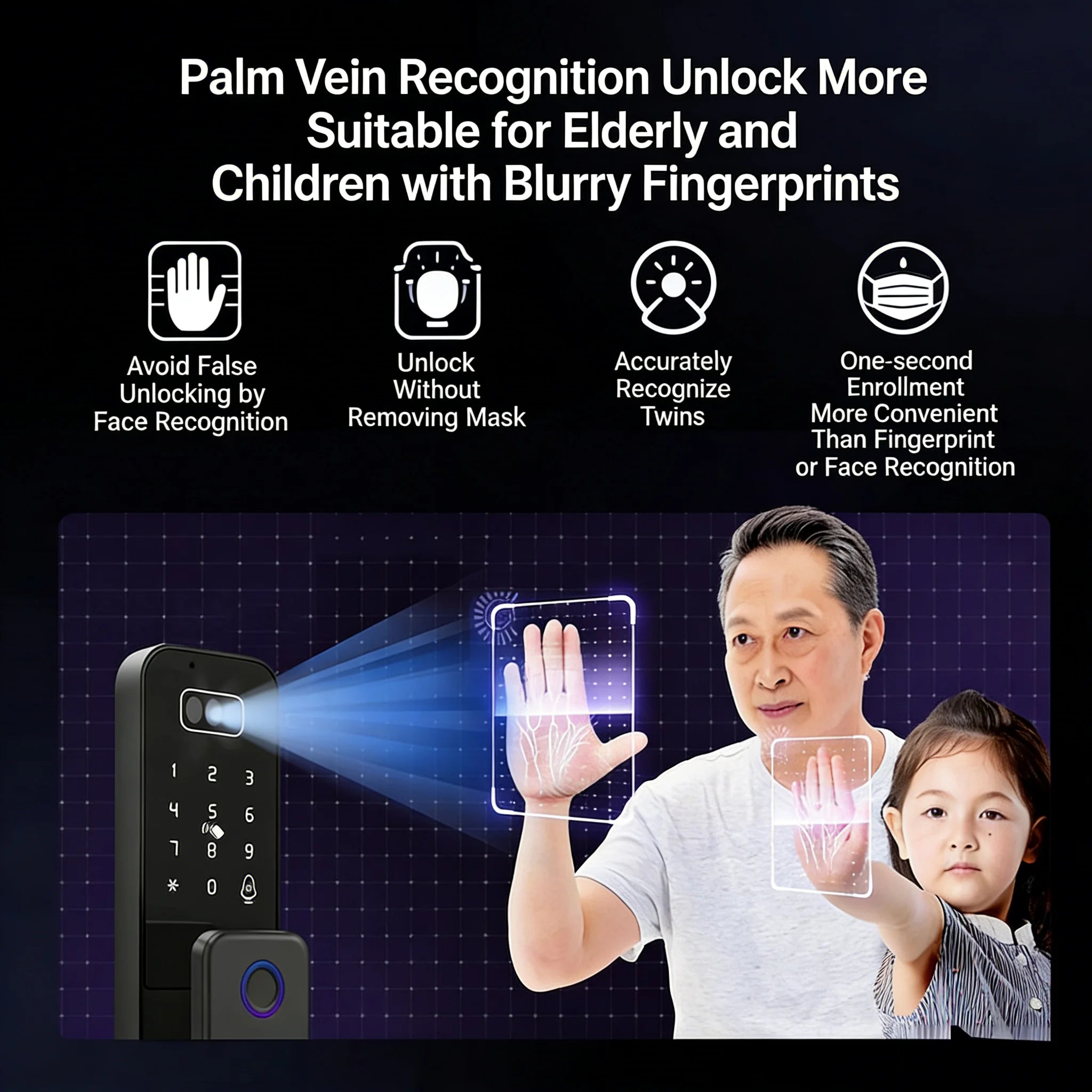 Smart Tuya WiFi APP Bluetooth Door Lock with Palm Vein Face Recognition Doorbell Waterproof Scissor Tongue Rim Locks No Drilling