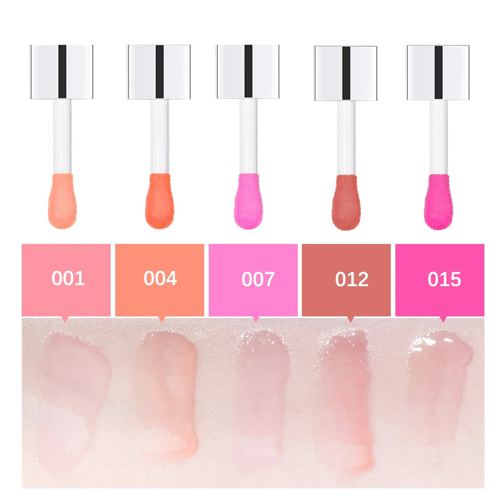 Crystal jelly lip gloss applicators with 5 tinted, moisturizing, and plumping glossy shades swatched on skin.
