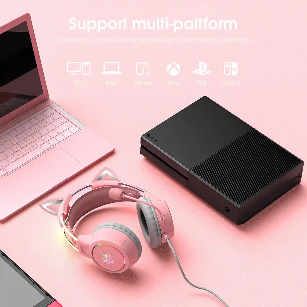Pink Cat Ear Gaming Headset | Wireless Over-Ear Headphones with Mic Tidesmit