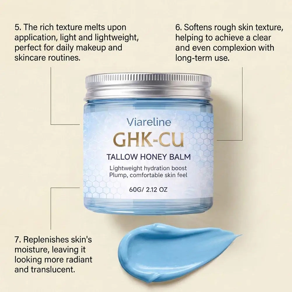 Viareline GHK-CU Copper Peptide Tallow Balm Day & Night Cream Firm Moisturize Honey Blue Balm for Mature, Dry & Sensitive Skin
