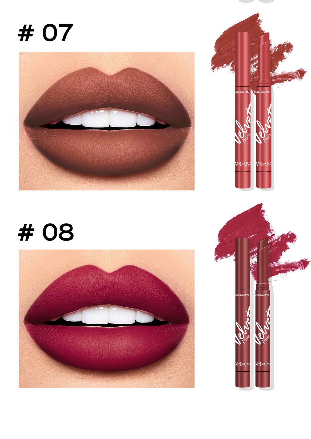 8pc velvet matte lipstick set showing swatches in #07 earthy brown and #08 deep berry on lips, long-lasting lip makeup.