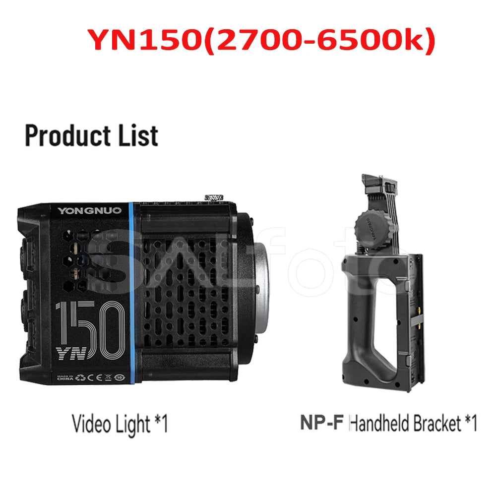 YN150 LED video light with variable color temperature and black plastic NP-F handheld battery bracket for mobile use.