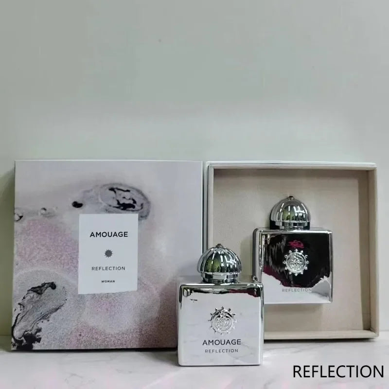 Amouage Reflection Woman EDP: Silver square bottle, floral woody musk scent, luxury perfume gift set, 100ml spray.