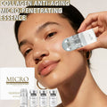 A person holds a clear, cylindrical skincare device near their cheek, with four small serum vials and a box below.