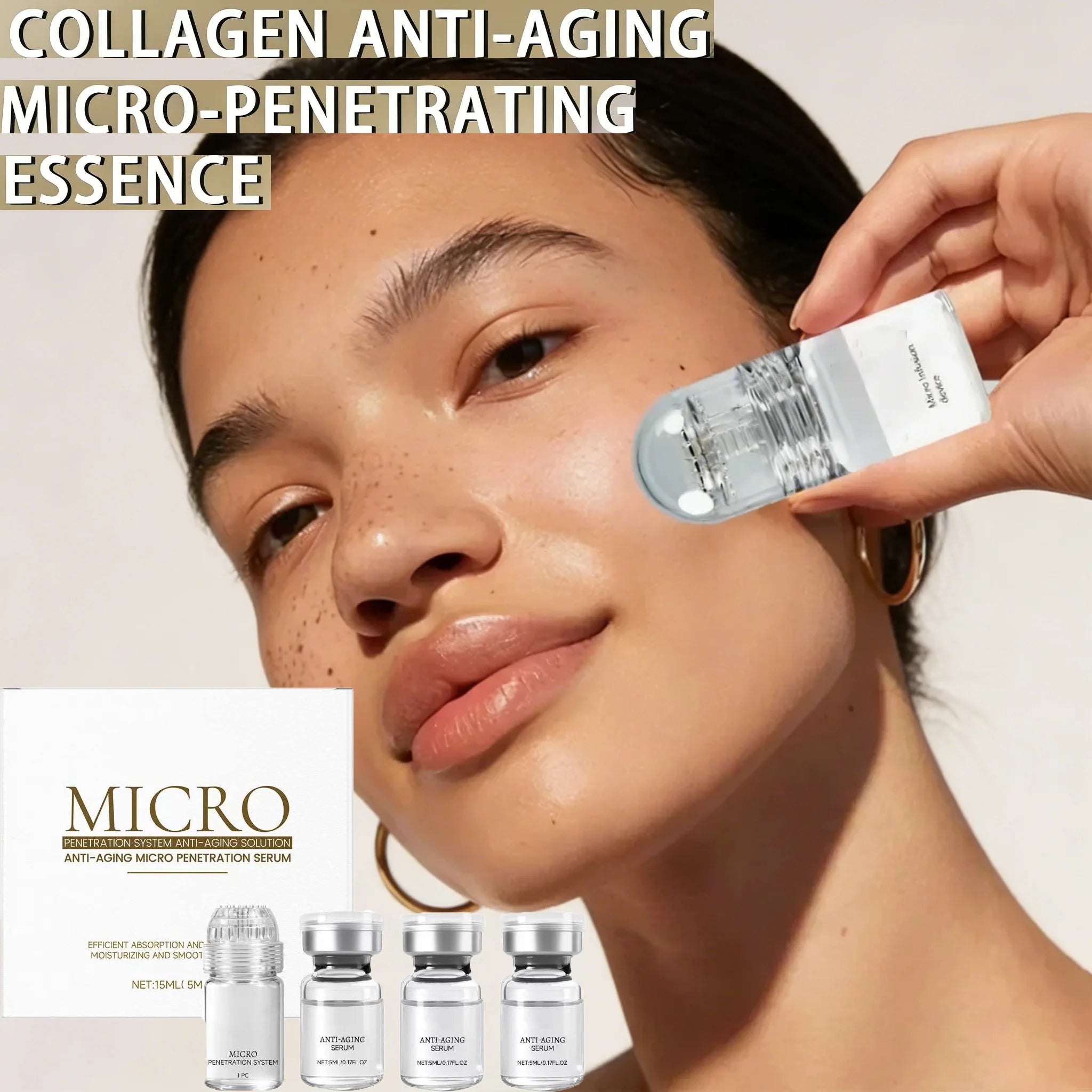 A person holds a clear, cylindrical skincare device near their cheek, with four small serum vials and a box below.