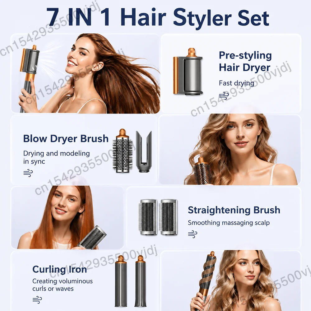 7-in-1 high-speed hair dryer set with gold attachments, curling iron, blow dryer brush, and straightening tool.