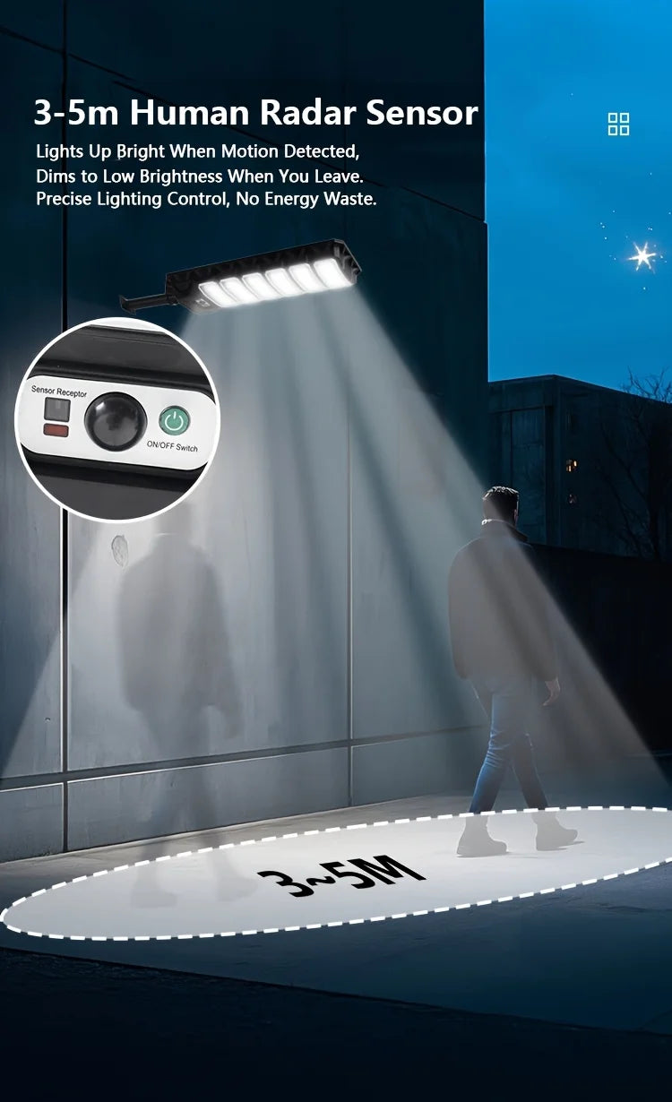 New Extra Large 1200 LED Solar Street Light, 5800Mah Battery. Solar-Powered, No Electricity Cost, IP65 Waterproof. PIR Motion Sensor Enables Auto Night Lighting. Serves As Searchlight, Security & Emergency Light. Great for Pa