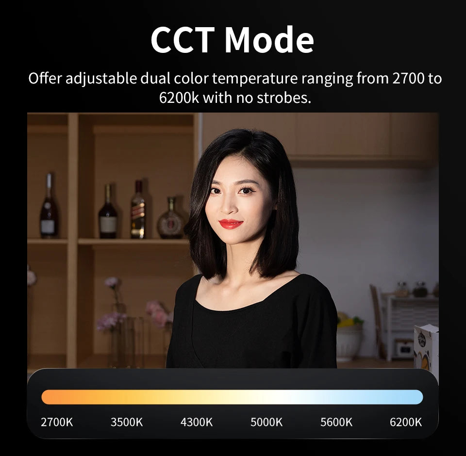 CCT light mode showing a color temperature scale from 2700K warm orange to 6200K cool white for photography lighting.