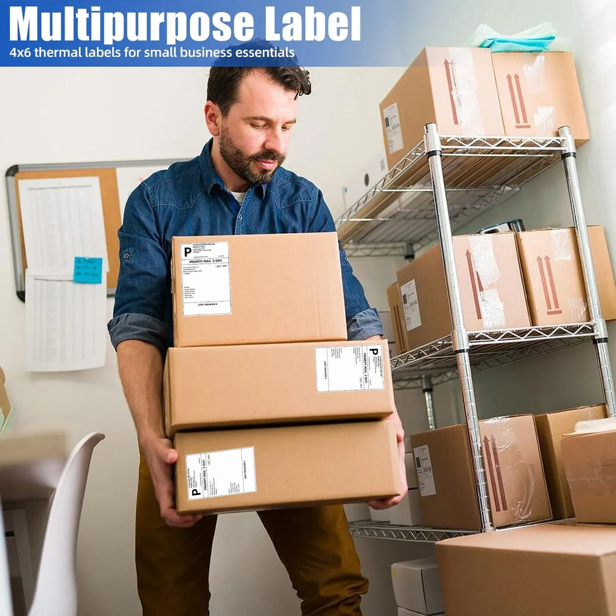 Thermal shipping label sheet on a carton with barcode, ready for packing