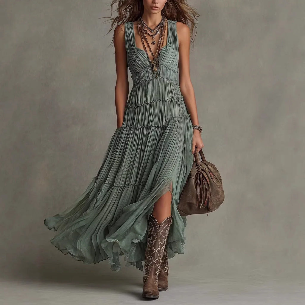 Women's Boho Green Tiered Maxi Dress Sleeveless V-Neck Pleated Flowy Dress Vintage Inspired Chic Boho Maxi Dress for Women
