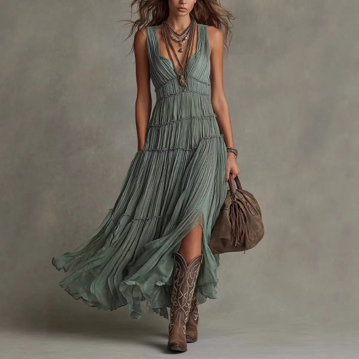 Women's Boho Green Tiered Maxi Dress Sleeveless V-Neck Pleated Flowy Dress Vintage Inspired Chic Boho Maxi Dress for Women
