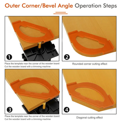 Orange corner bevel template shown cutting a rounded corner on wood