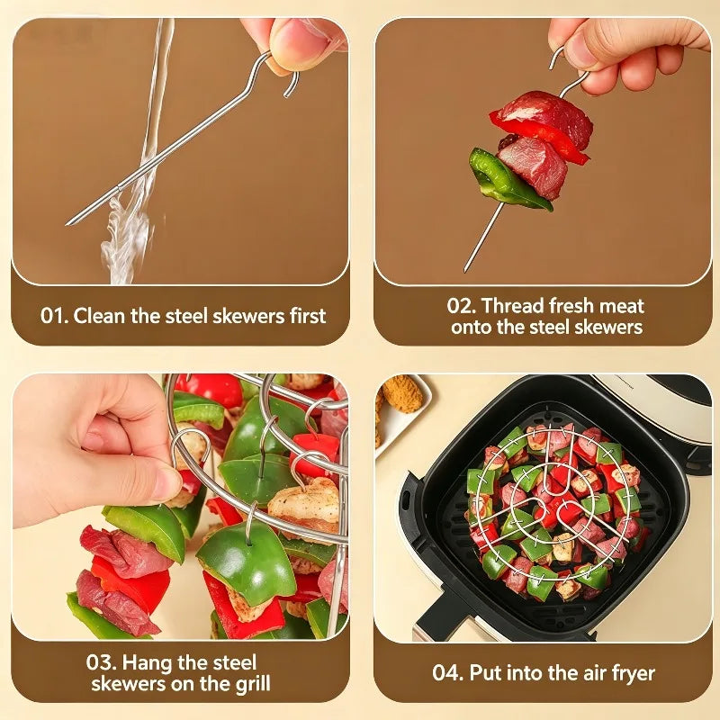 Stainless Steel Vertical Grill Skewers Air Fryer Barbecue Round Barbecue Grill with Skewers Hanging Skewers Vertical Grill