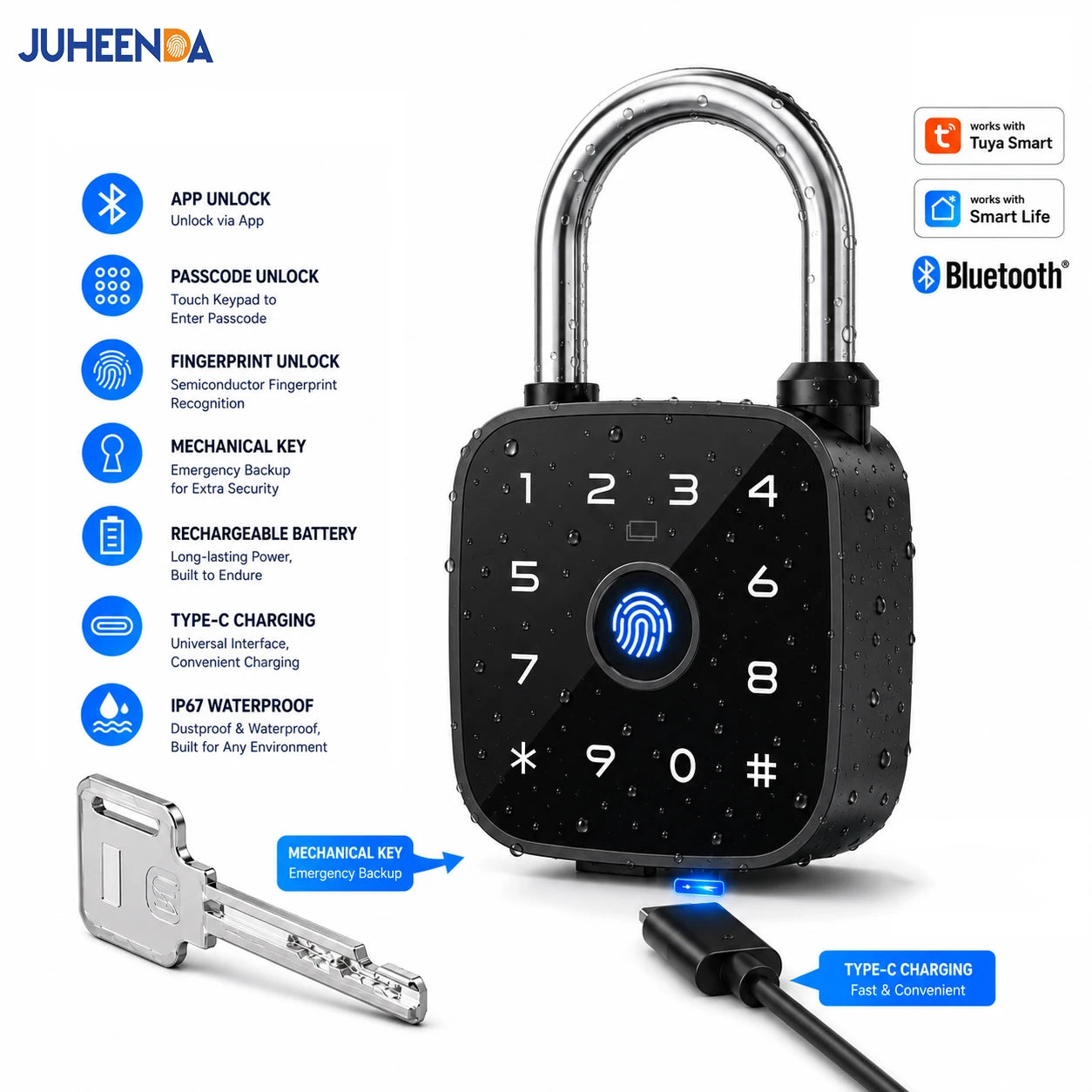 Tuya Bluetooth Fingerprint Padlock Rechargeable Digital Luggage Lock Password IP67 Waterproof Outdoor Security Electronic Lock