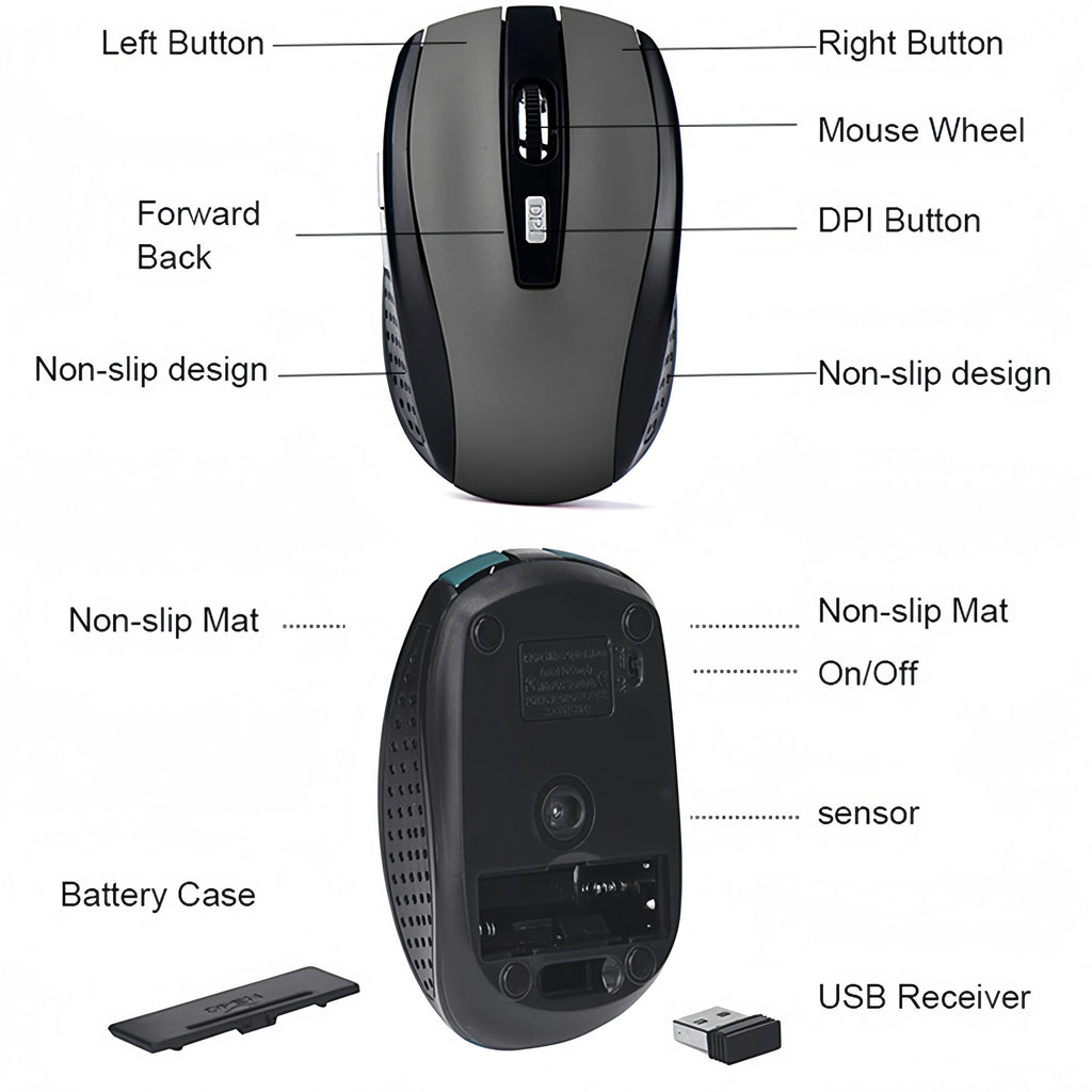 2.4G Wireless Mouse Gaming Mouse Ergonomic Mouse 6 Buttons 800-1200-1600 DPI Optical Office Mouse Mice for PC Laptop MacBook