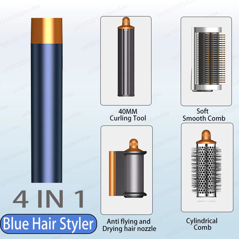 Blue 4-in-1 high-speed hair dryer styler set with curling, smoothing, and volumizing brush attachments.