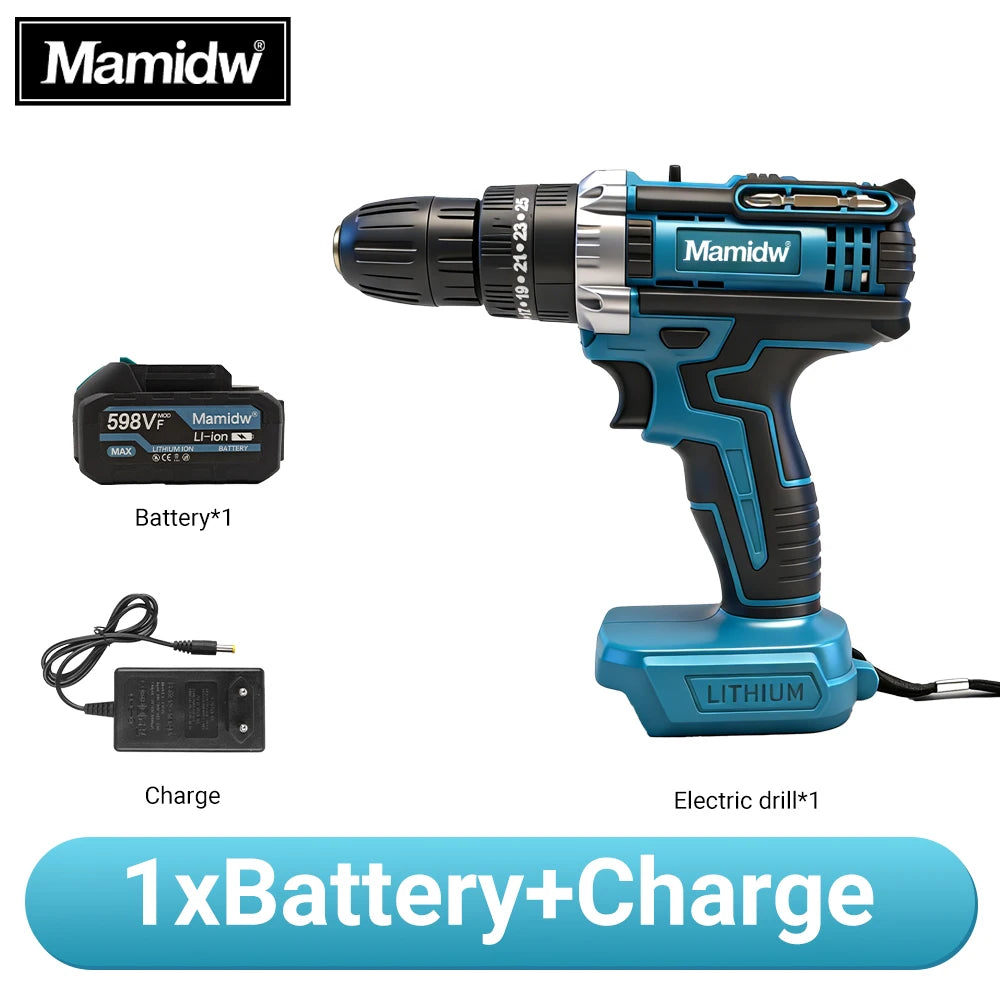 Mamidw 100N.m Industrial Cordless Drill Set, 3/8 Inch Keyless Chuck, LED Lighting, Practical Men Gift, Electric Drill, Compatible with Makita 18V Battery PIN.