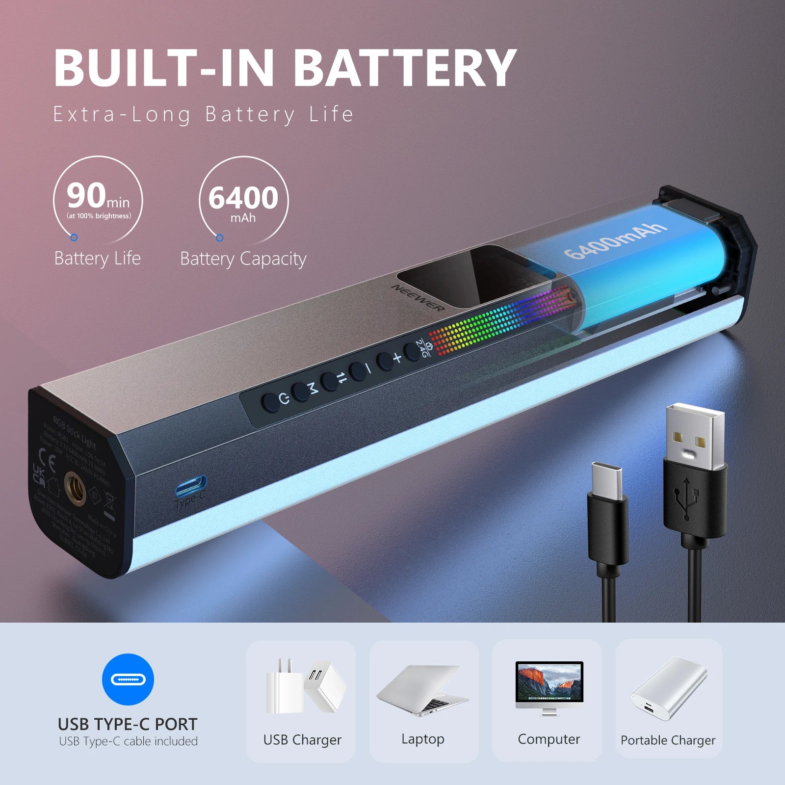 RGB stick light with grey metal casing, integrated 6400mAh battery, control buttons, and USB-C charging cable.