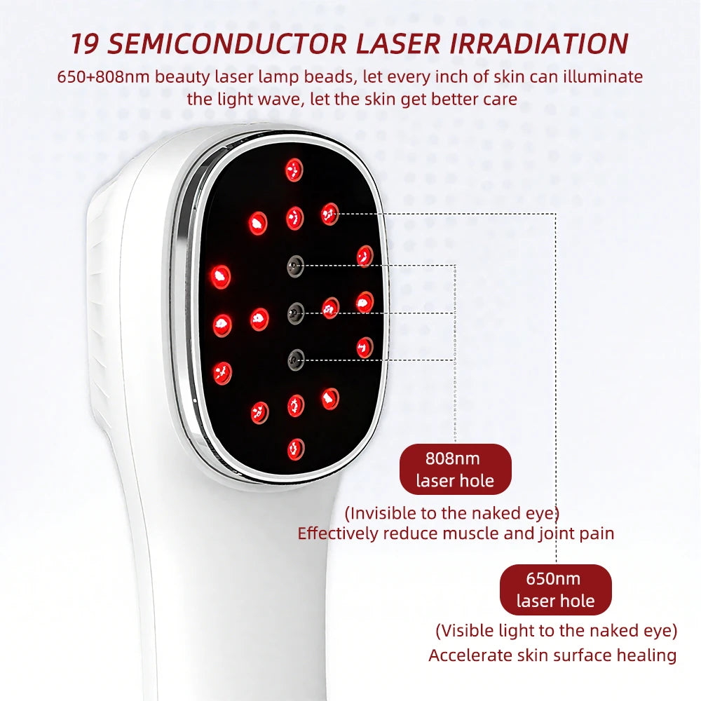 Handheld white beauty device with a black head featuring 19 illuminated red laser light beads for skin and muscle care.