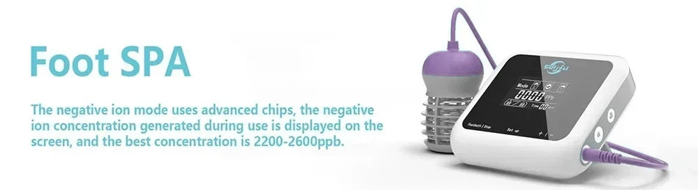 Ionic foot bath detox machine with touch display, purple ion array, and digital concentration readout for home spa use.