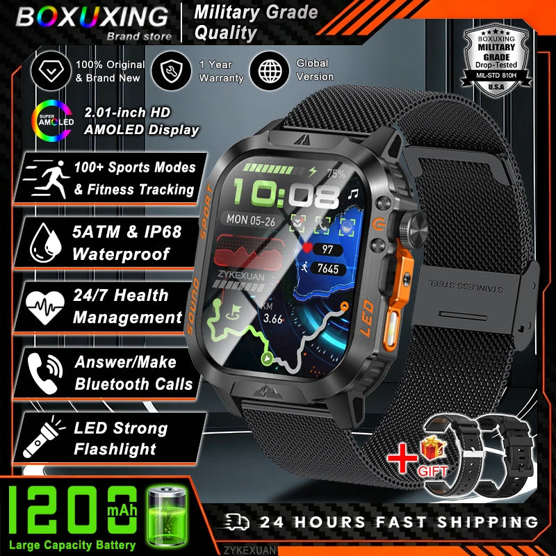 New Military Grade 1200mAh Battery Smartwatch Men 5ATM Waterproof Sports Tracker Flashlight Heart Rate AMOLED Screen Smart Watch