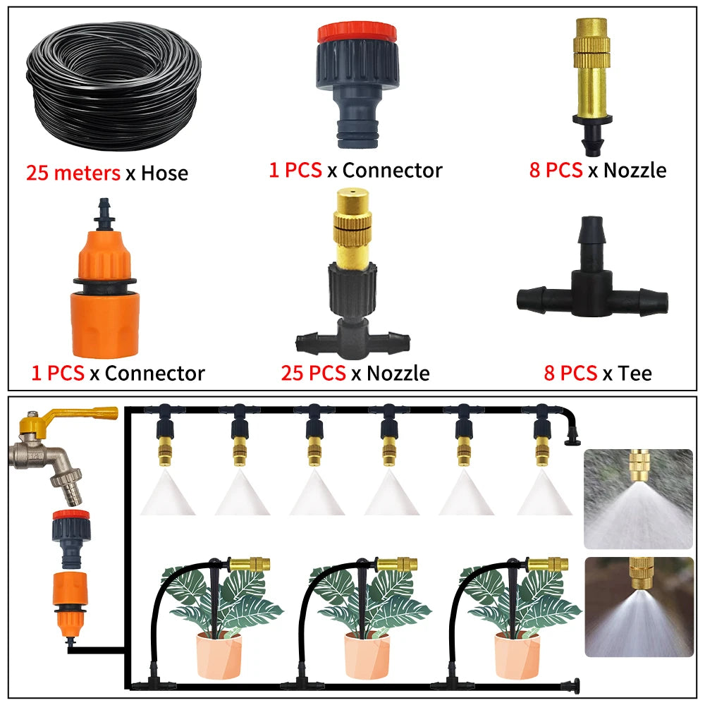 Garden misting kit parts: black hose coil, brass nozzles, connectors, and tees