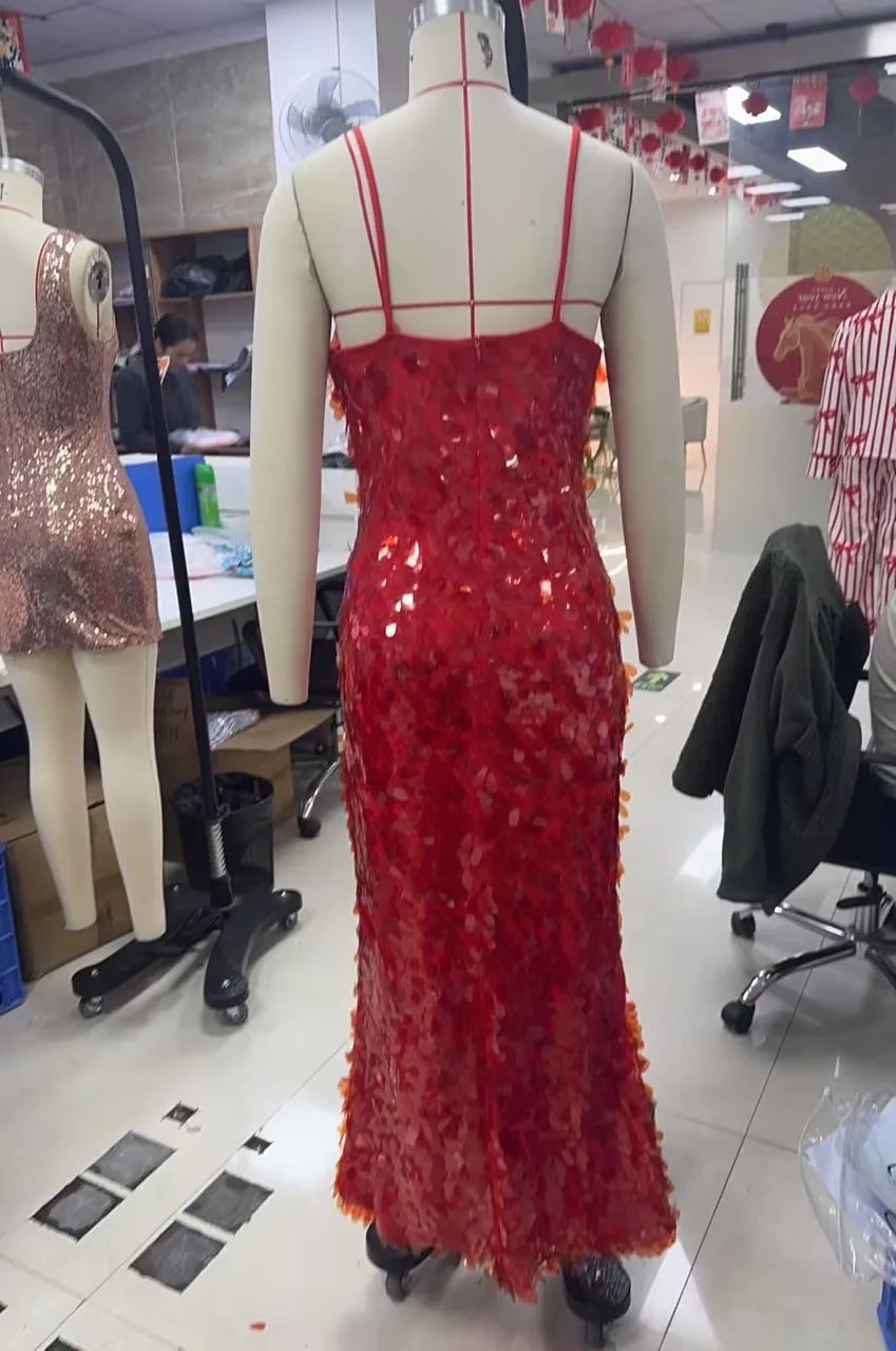 Glitter Sequins Spaghetti Straps Women's Evening Long Maxi Dress Sleeveless Backless High Waist Sexy Lady Birthday Party Gown