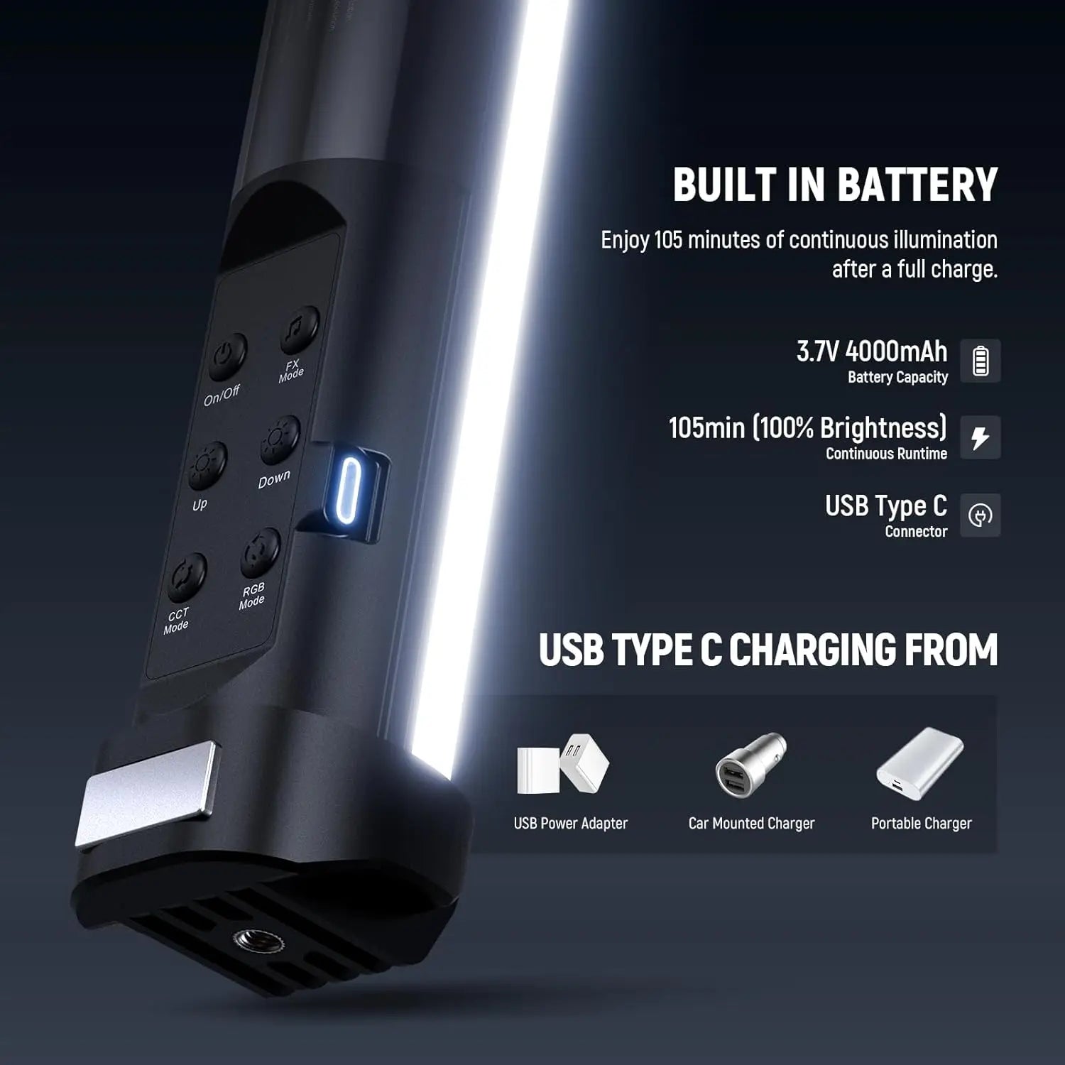Black handheld LED light stick with control buttons, USB-C port, and rechargeable battery for portable photography.