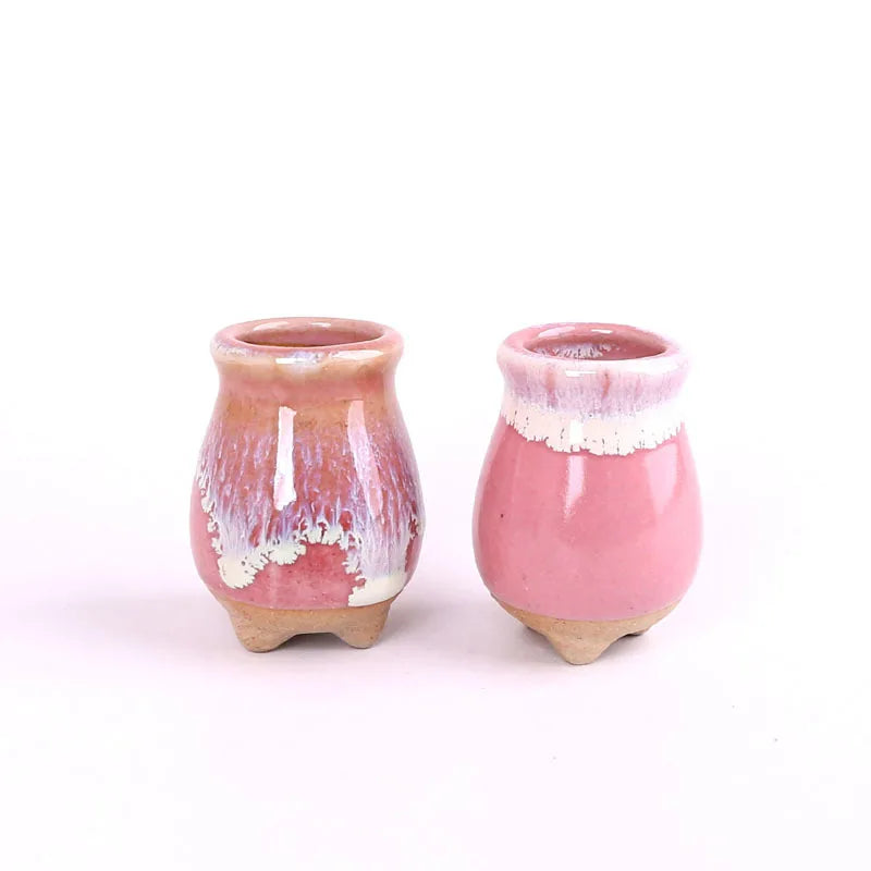 Pair of mini ice-crack ceramic succulent pots with pink glaze and white drip detail