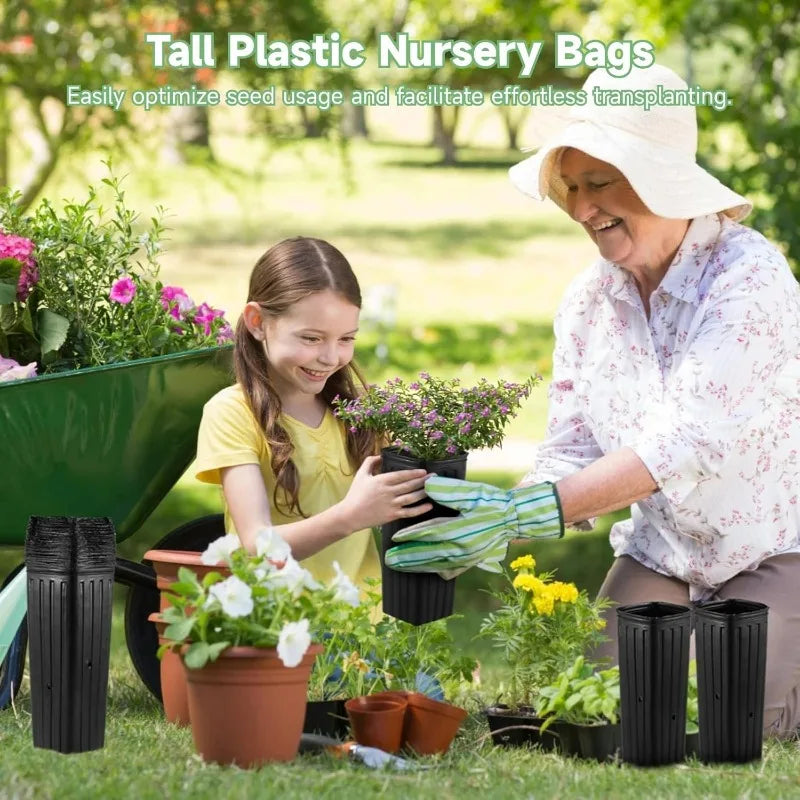 Tall black plastic nursery bags style seedling pots with drainage holes, used for planting