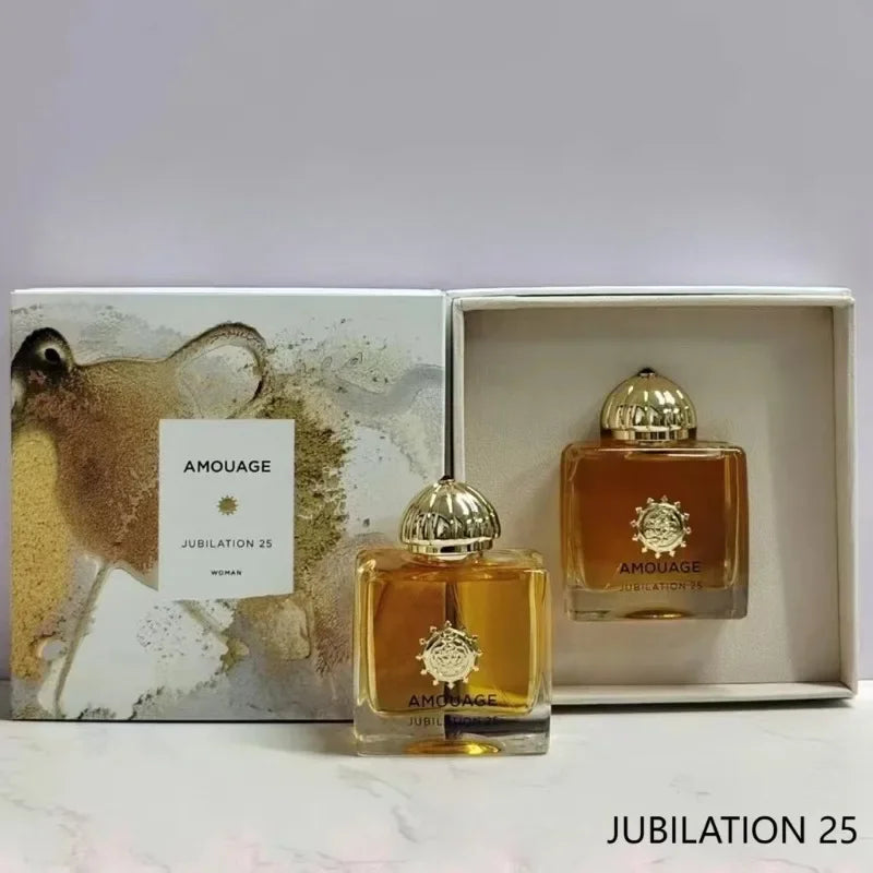 Amouage Jubilation 25 amber perfume in glass bottle with gold cap and decorative white gift box set.