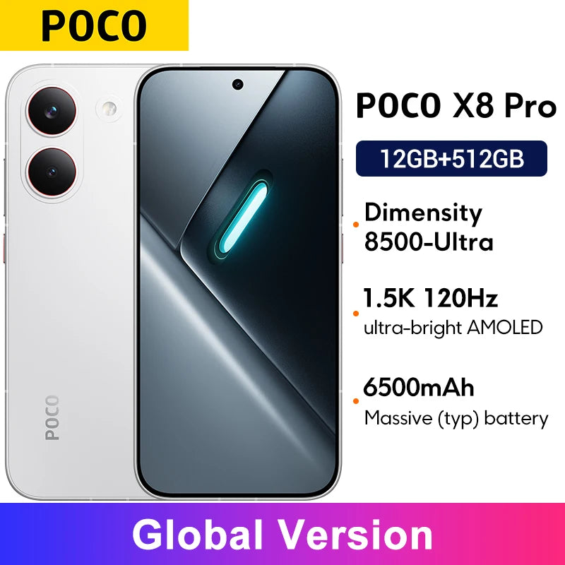 POCO X8 Pro white smartphone, 1.5K 120Hz AMOLED, Dimensity 8500-Ultra, 6500mAh battery, front and rear view.