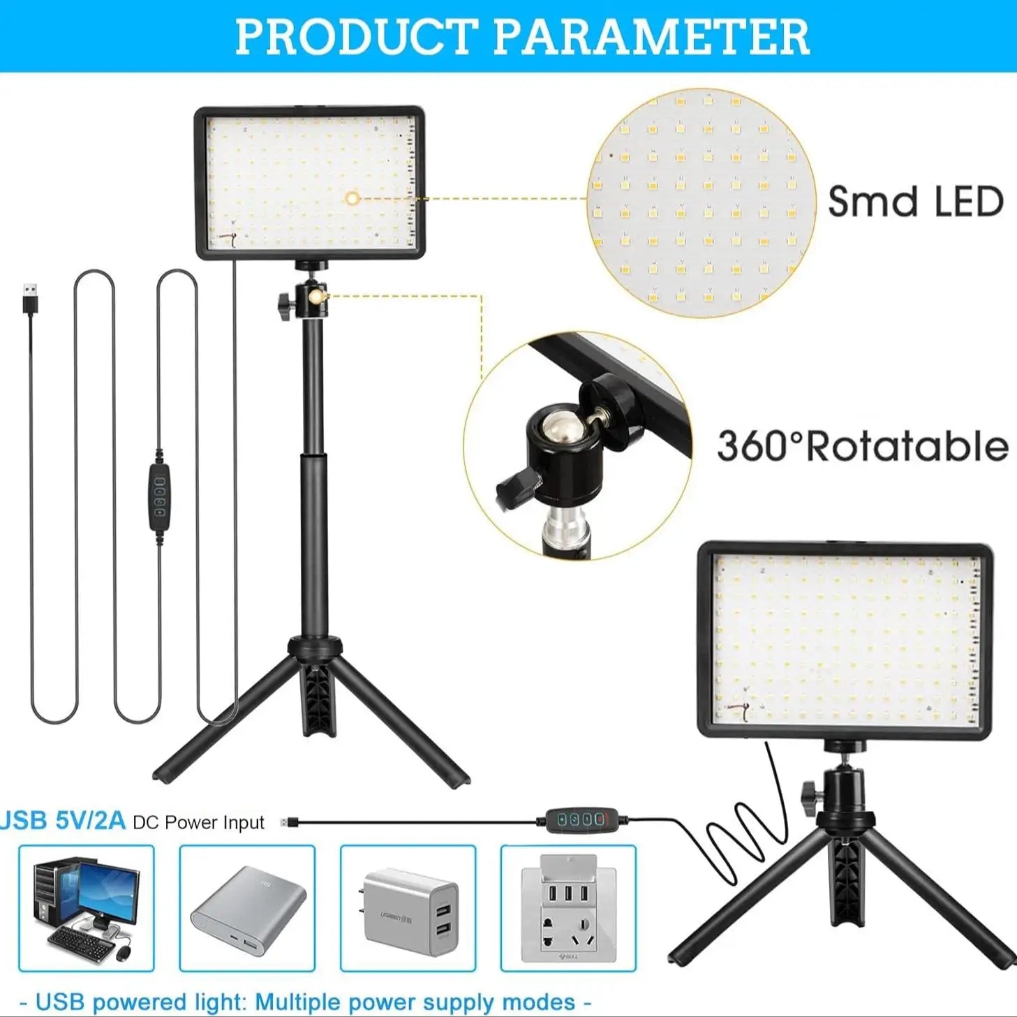 Black rectangular LED video light on a tripod stand with USB power cable for adjustable photography lighting.