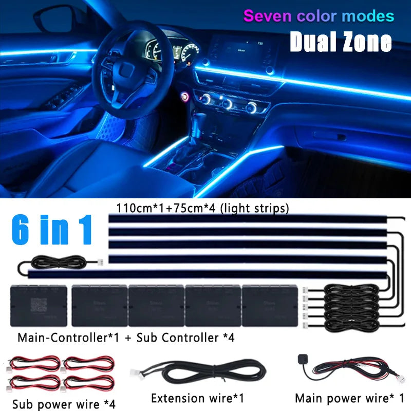 Tidesmit RGB Symphony Car Ambient Lighting Kit - Customizable LED Strips 6 in 1 Not rainbow Tidesmit