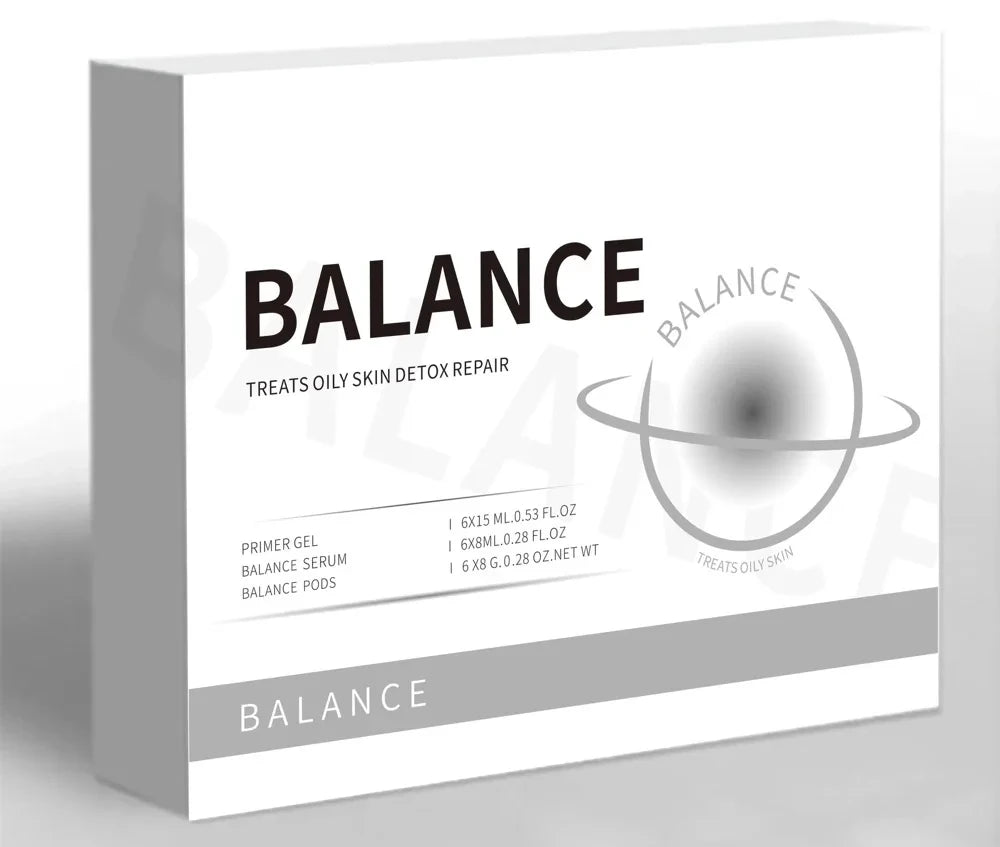 Balance Oxygen Facial Kit box for detox and oily skin, containing serum, primer gel, and treatment pods.