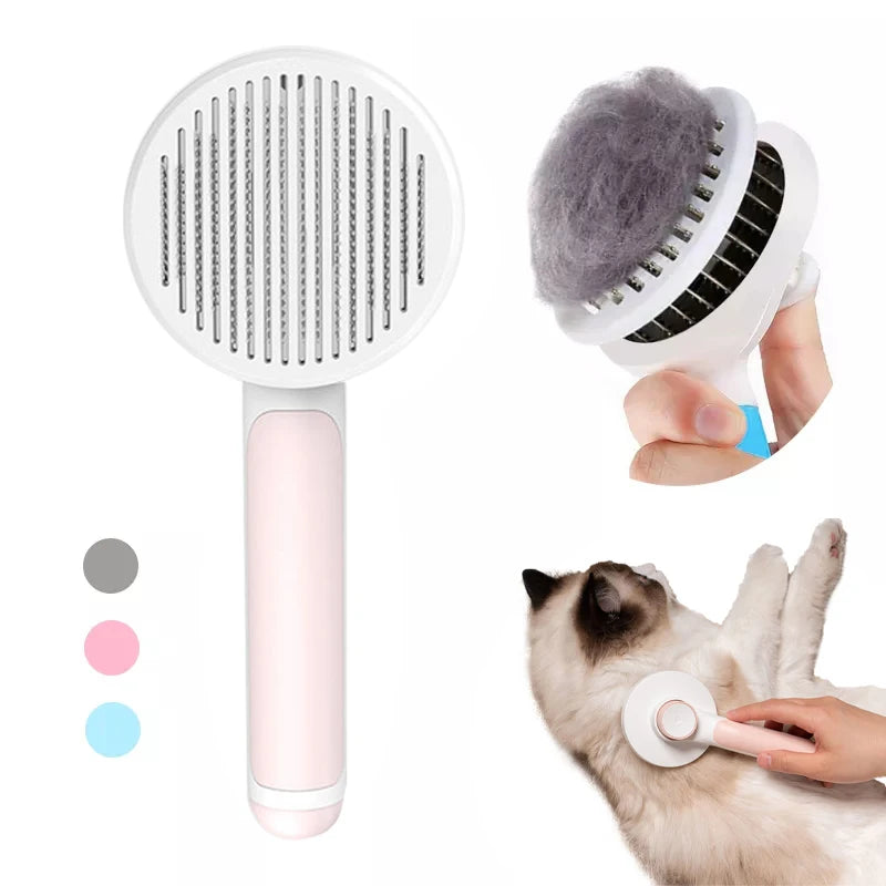 Self-cleaning slicker brush for dogs and cats removing loose hair and tangles with an easy-to-use white grooming tool.