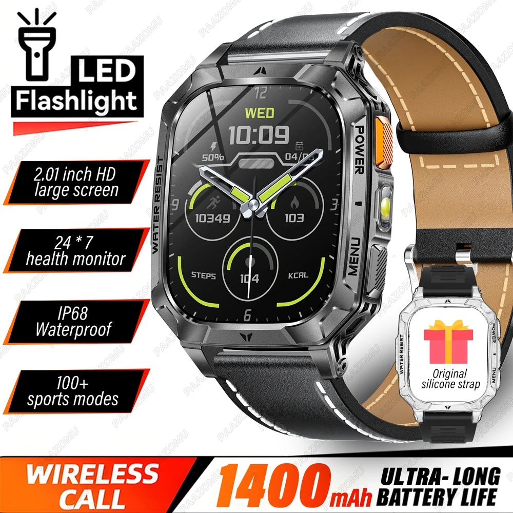 2026 New 1400mAh Big Battery Smart Watch Men Outdoor GPS Flashlight 10ATM Waterproof Bluetooth Call AMOLED HD Sports Smartwatch