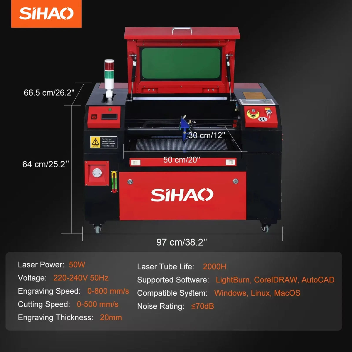 Red and black laser engraver with open lid, green window, and front control display