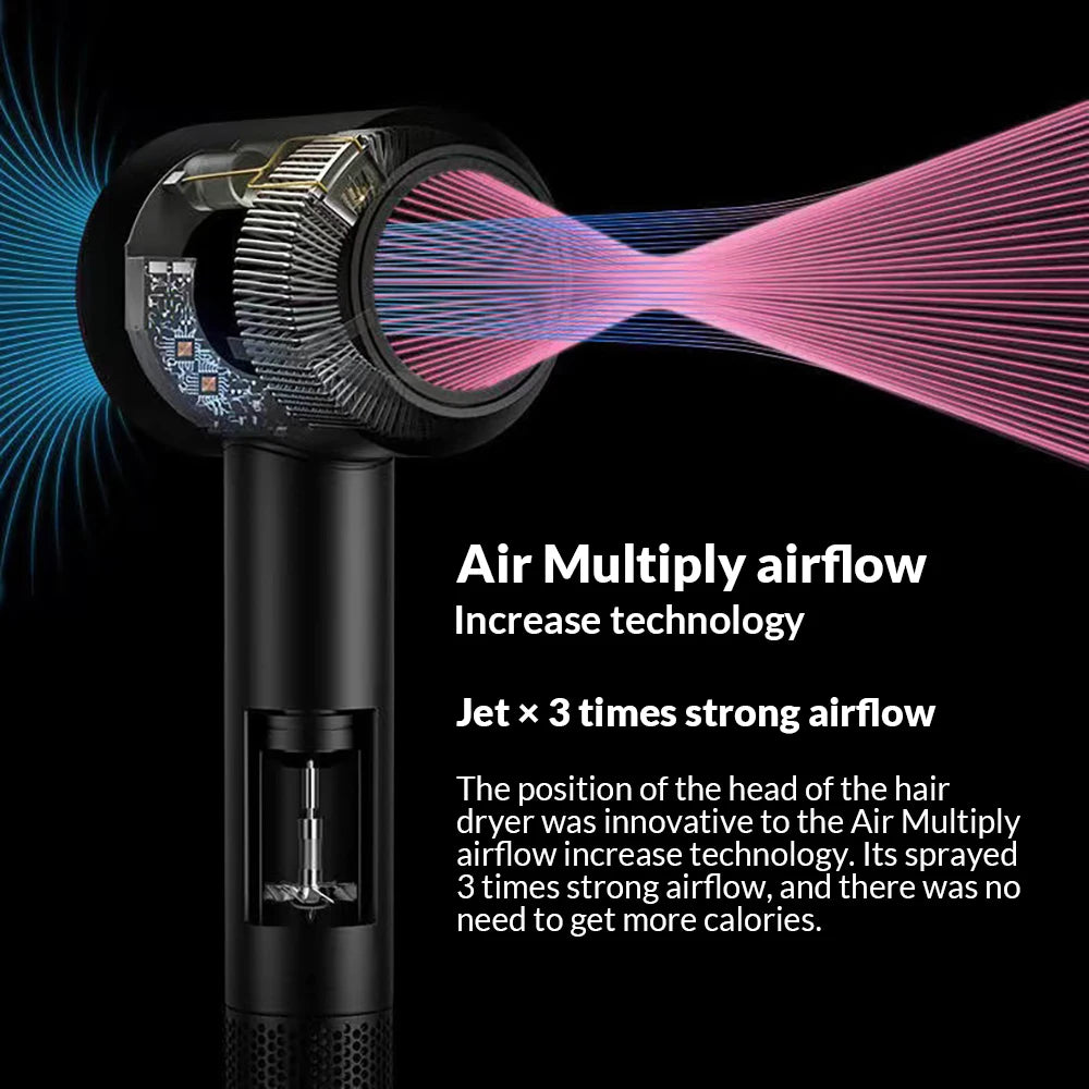 Black leafless ionic hair dryer showing Air Multiply technology for 3x stronger professional salon airflow.