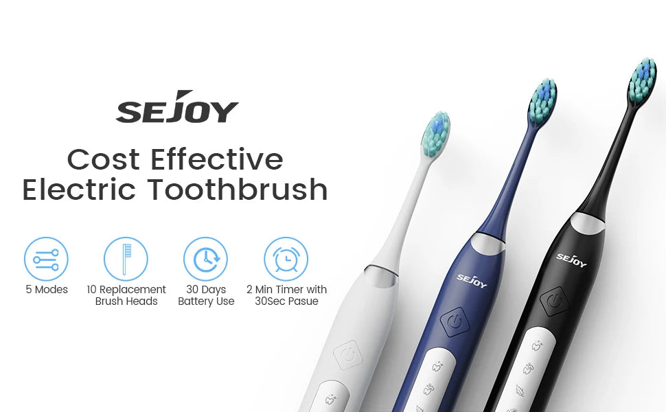 Sejoy Electric Sonic Toothbrush with 10 pcs Replacement Heads 5 Modes USB Rechargeable Waterproof Electric Tooth Brushes