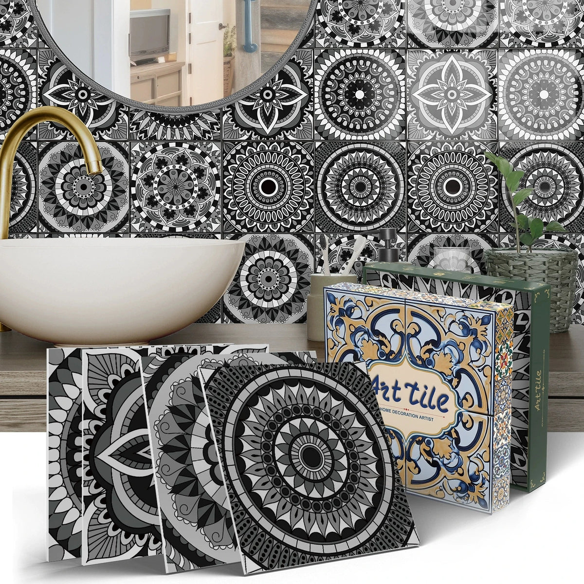 Mosaic tile sticker set, black and white mandala circles on square peel-and-stick tiles