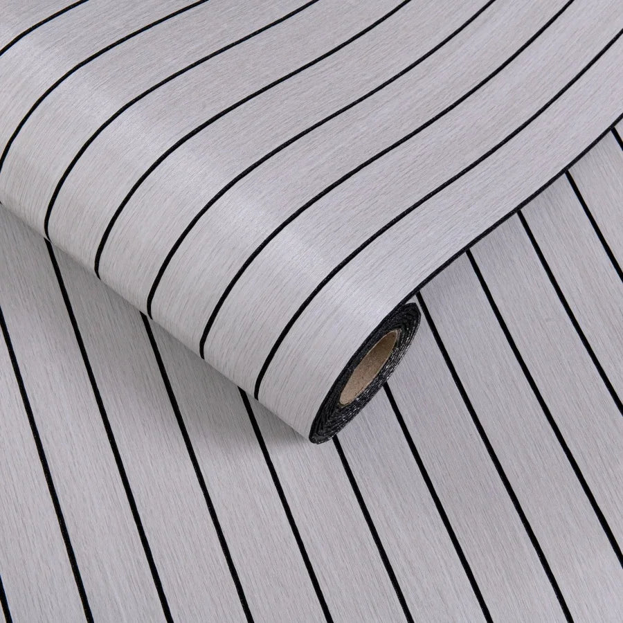 Self-adhesive 3D wall sticker roll, light gray wood-look stripes with dark outlines