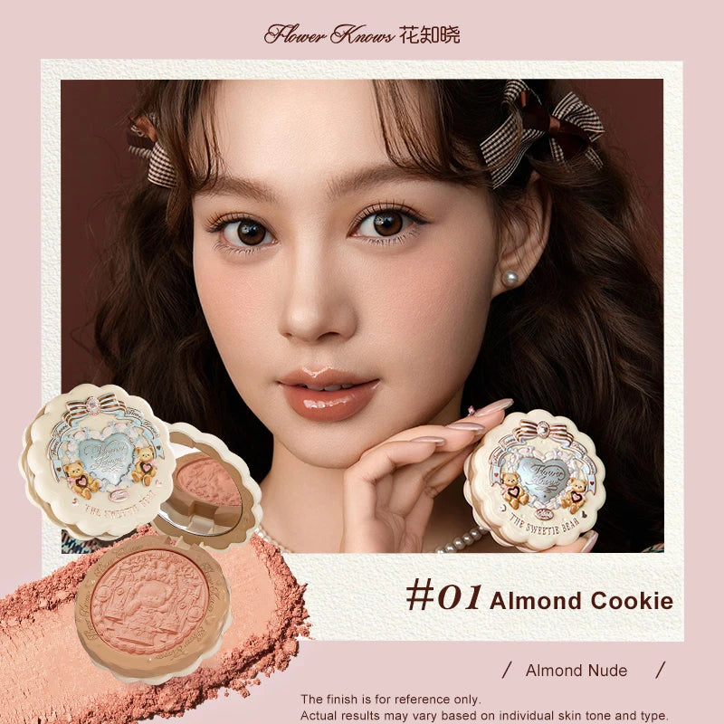 Tidesmit Flower Knows Sweetie Bear silk satin blush swatch showing buildable matte powder texture and natural glow