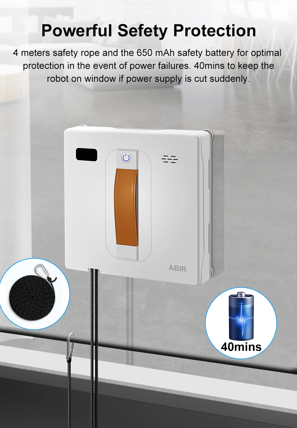 Tidesmit ABIR WD8 window cleaning robot with dual water spray, laser sensor, and app control for glass wall surfaces.