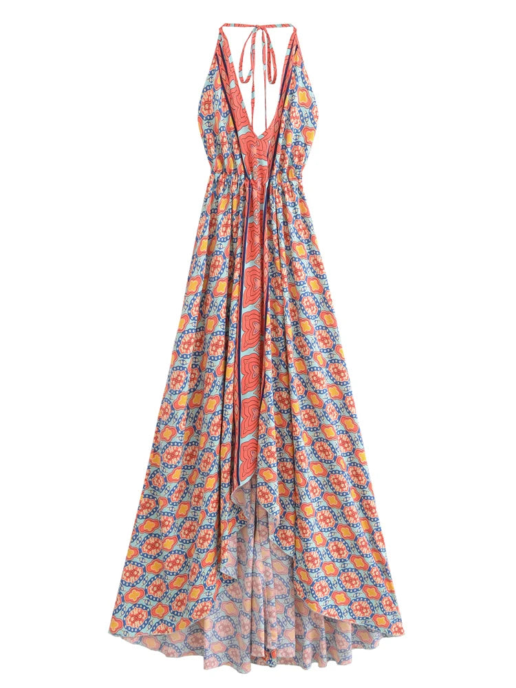 Vintage Women Geometric Print Backless Sexy Beach Bohemian Maxi Dress Lady High-Low Tassel Strapless Vacation Summer Boho Dress