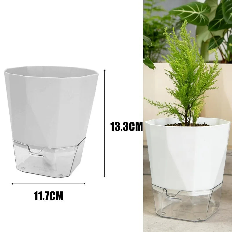 Self-watering light gray plant pot with clear bottom reservoir