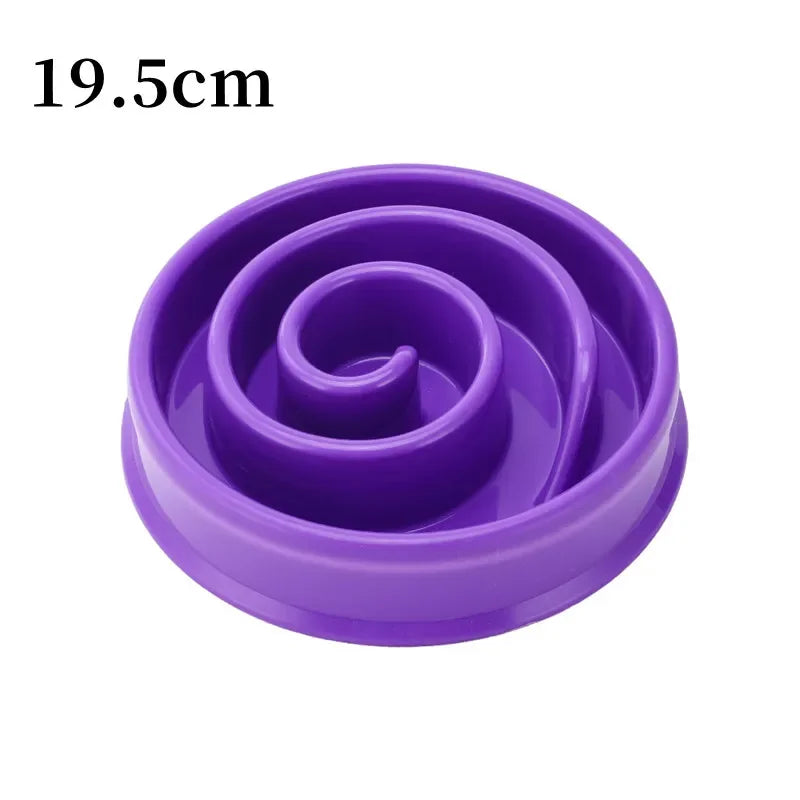 Purple 19.5cm non-slip slow feeder dog bowl to prevent gulping and promote healthy digestion for all dog sizes.