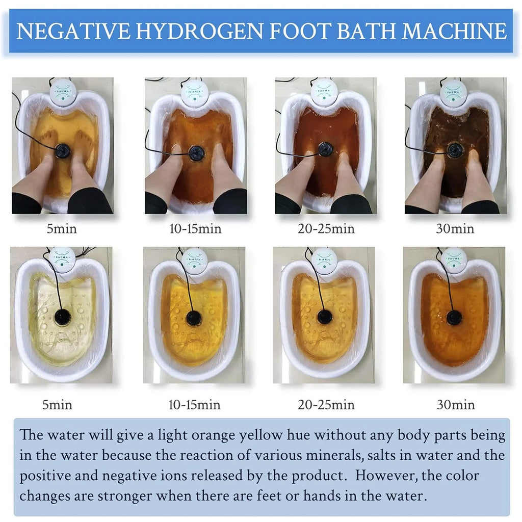 Ionic detox foot bath spa machine with black ion array showing water color changes during a 30-minute cleansing session.