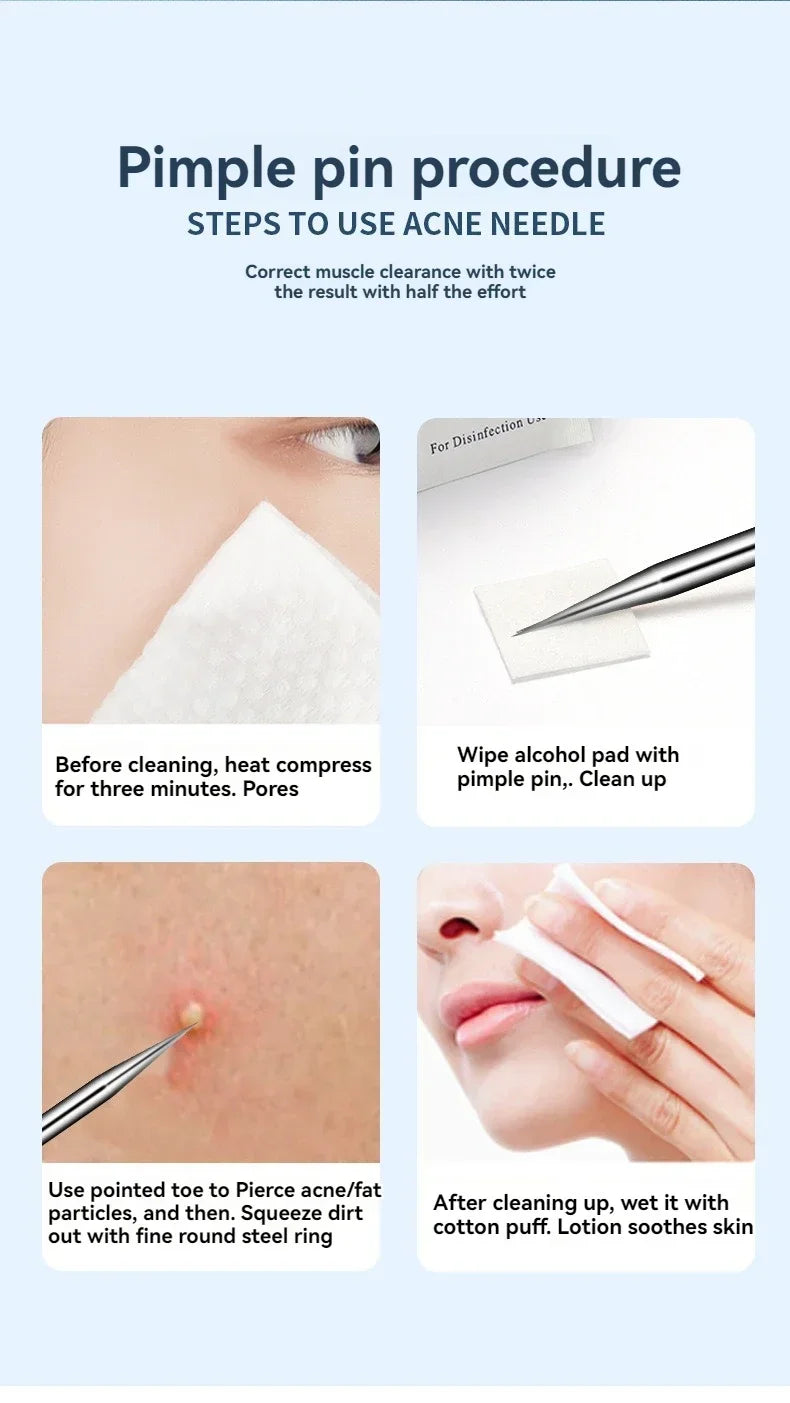 Four-panel infographic showing steps to use silver stainless steel acne extraction needles and tools on facial skin.