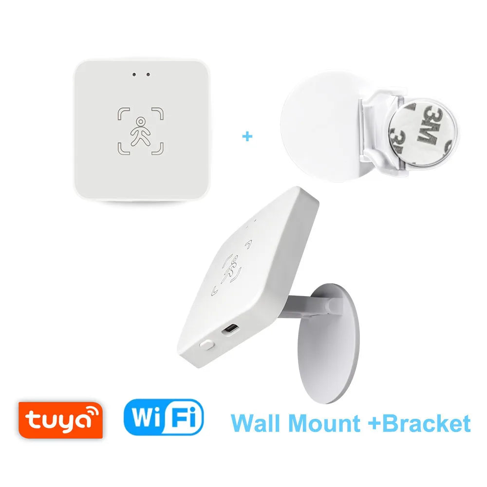 White square Tidesmit human presence sensor with wall mount bracket, featuring a central motion icon and USB port.